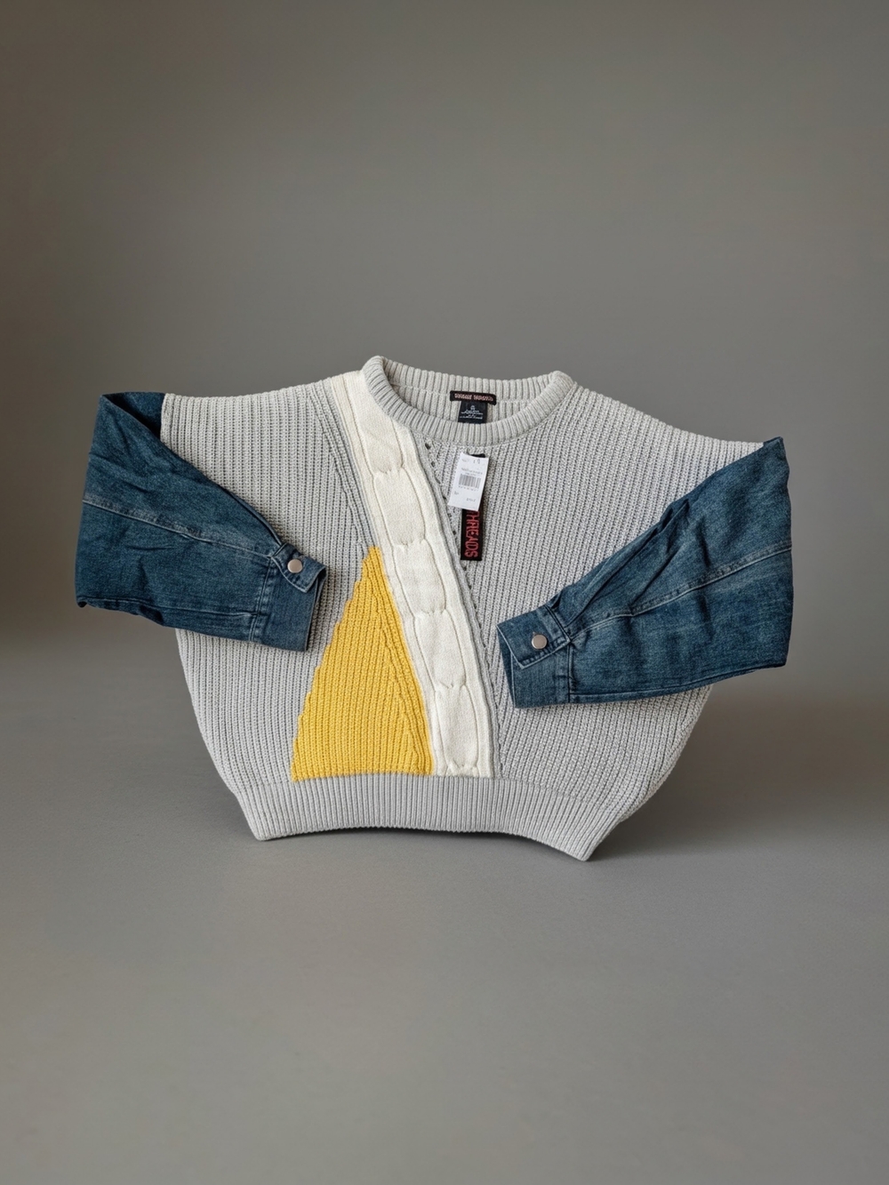 NWT Trendy Threads Denim Sleeve Patchwork Colorblock Knit Sweater XL